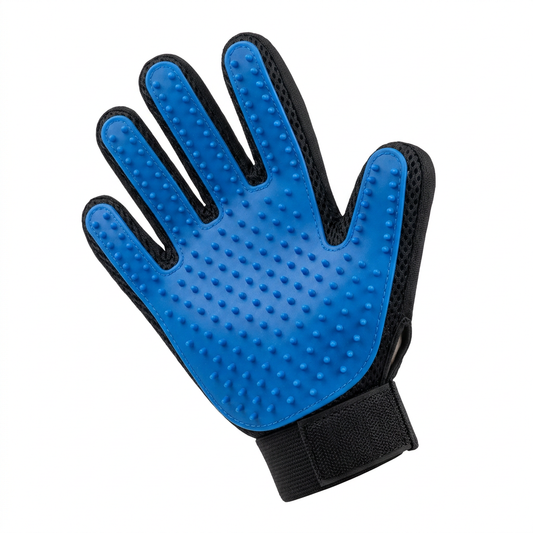 Pet grooming glove palm side showing flexible blue silicone surface studded with soft grooming nodules on pure white background