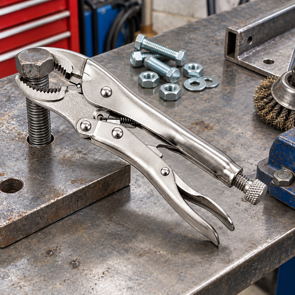 Curved jaw locking pliers clamped firmly onto a threaded steel bolt on a metal fabrication workshop workbench