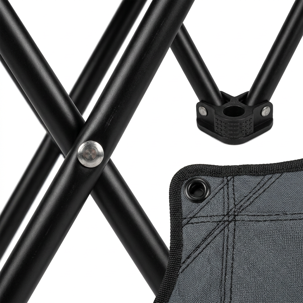 Detail close-up of outdoor folding stool showing steel X-frame pivot joint, heavy rivet fastener, cross-stitched seat seam, and rubber foot cap on white background