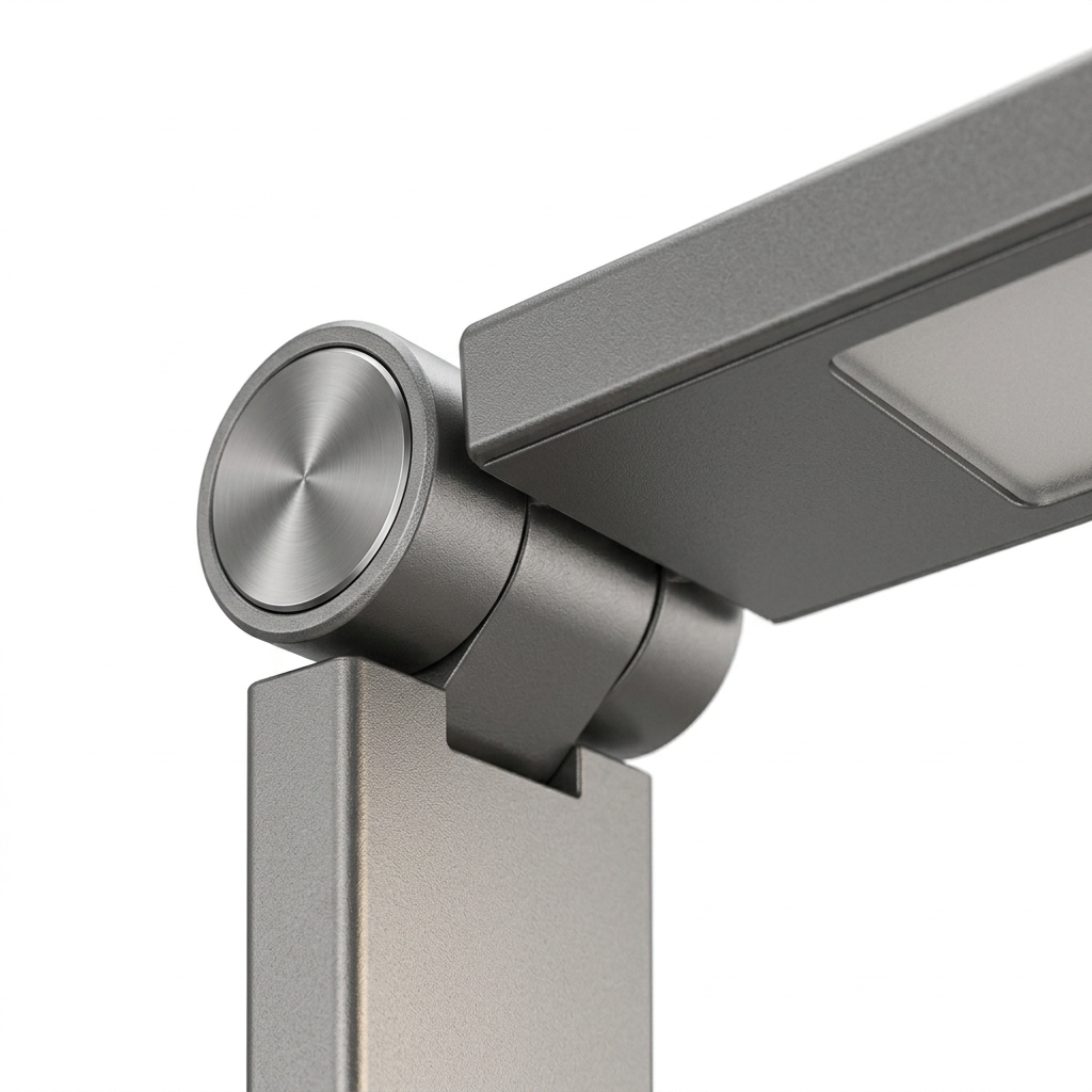 Detail close-up of desk lamp showing dual-axis CNC metal rotational hinge joint and frosted diffuser on white background