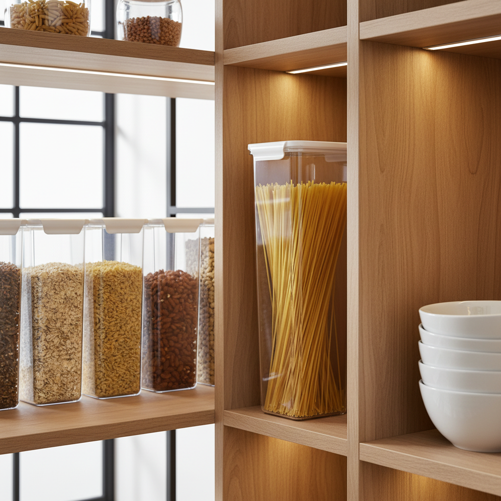 Slim food storage container filled with pasta stored vertically in narrow pantry shelf compartment