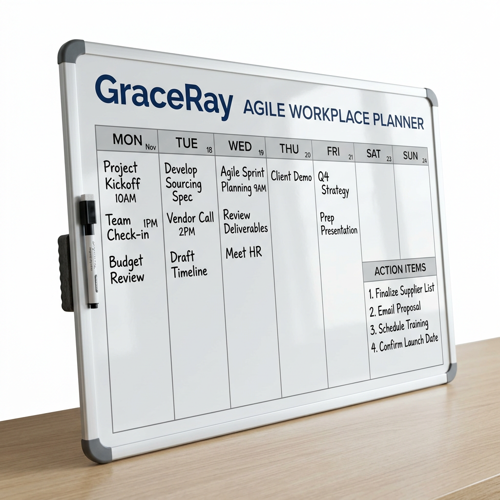 Reusable whiteboard planner with a weekly schedule layout for an office or shared workspace.