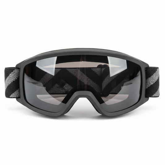 Motorcycle riding goggles with dark smoke lens and breathable foam on white background