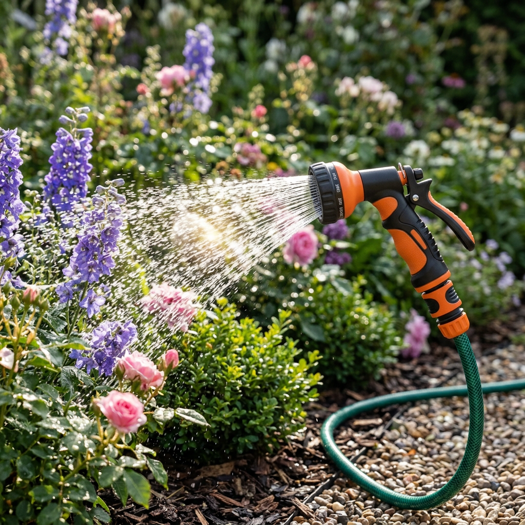 Garden hose nozzle spraying a conical shower of sparkling water droplets to water blooming flowers and shrubs in a garden
