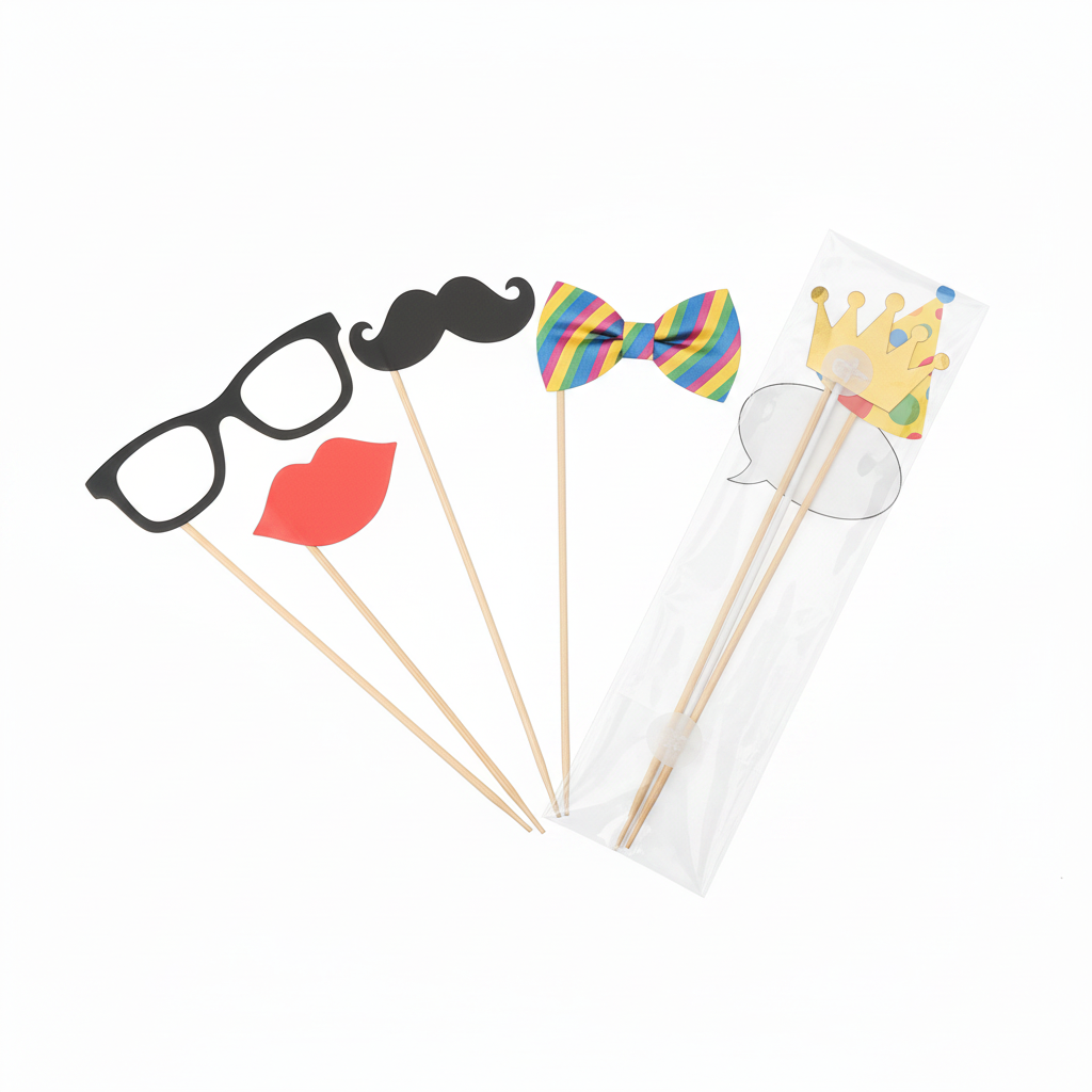 Handheld glasses, moustache, lips, bow tie, crown and party hat props with wooden sticks and transparent compact packaging.