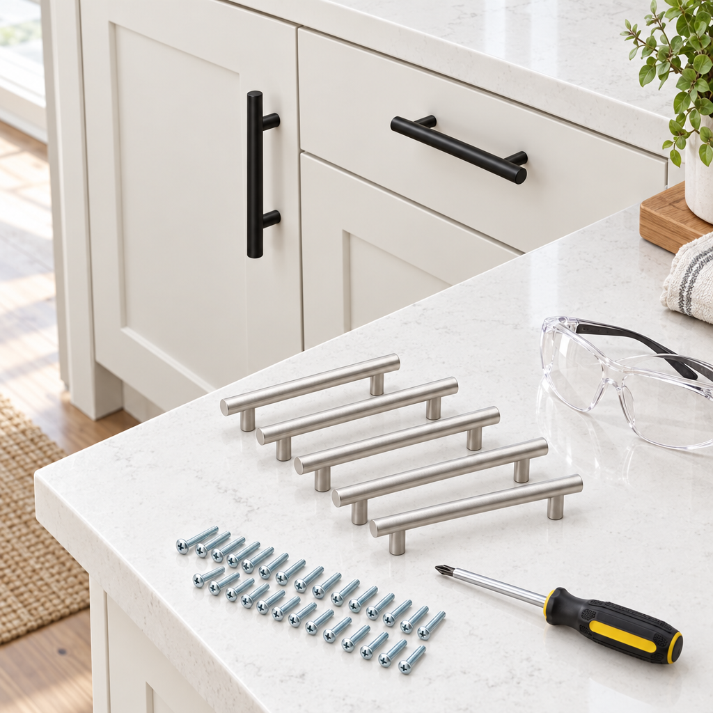 Matte black cylindrical T-bar handle mounted on an off-white kitchen cabinet door and drawer front with spare nickel handles nearby