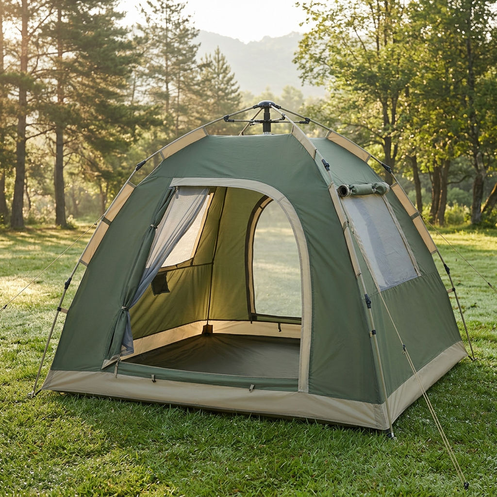 Pop-up camping tent fully erected on a grassy outdoor campsite in a peaceful morning nature setting