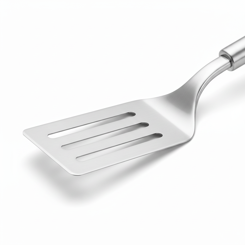 Macro detail of stainless steel slotted spatula head, beveled front edge, and drainage slots