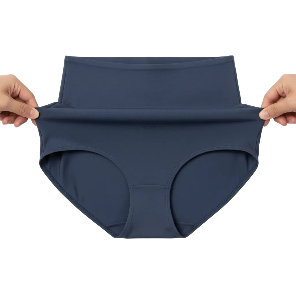 Extreme close-up of gentle compression waistband stretched to show flexible support