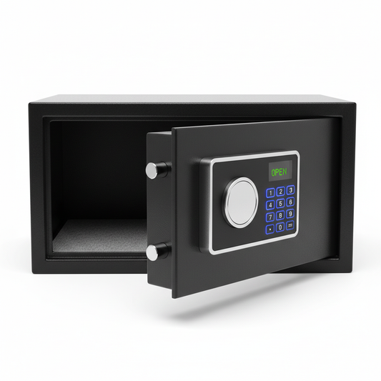 Hotel electronic safe box with open door and keypad in black on white background