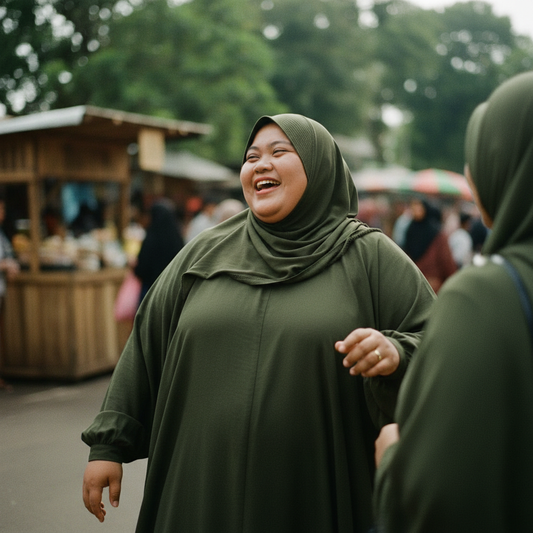 Indonesian Muslim woman olive abaya chatting outdoors