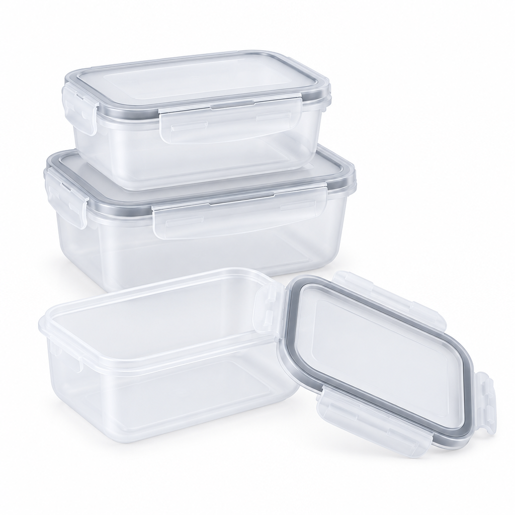Set of 3 stackable clear plastic reusable food containers with 4-latch locking lids on white background