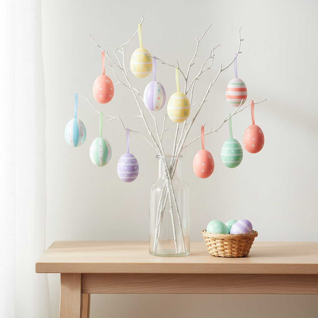 Pastel Easter egg ornaments hanging from decorative branches in a glass vase with matching eggs arranged in a small woven basket.