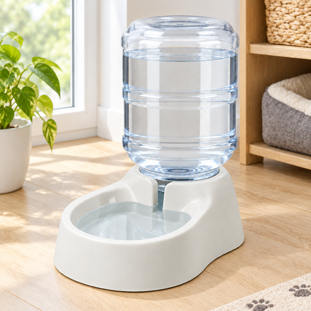 Gravity pet water dispenser with fresh drinking water on hardwood floor in home pet corner