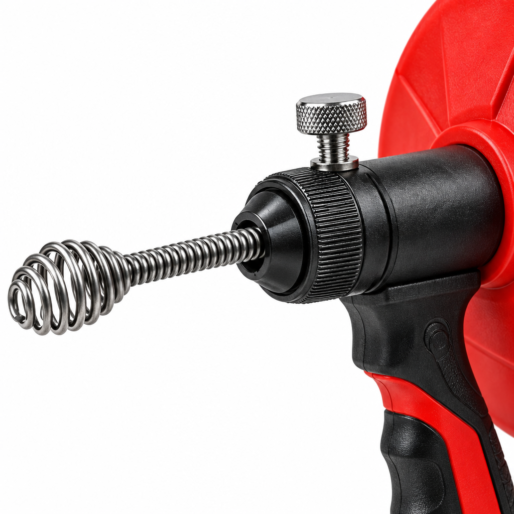 Macro close-up of drain snake auger head showing bulb corkscrew tip, coiled steel cable, and locking thumbscrew chuck