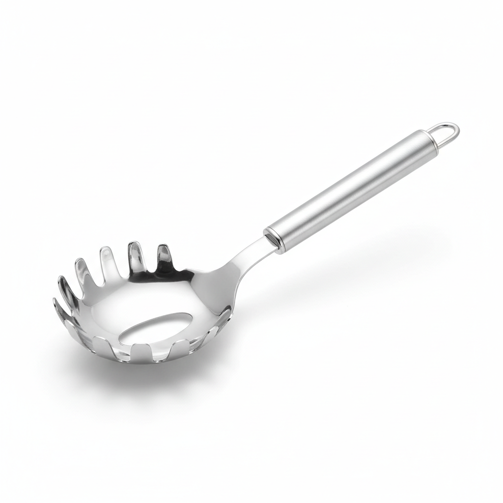 Stainless steel pasta server with curved claw prongs and central drainage hole on pure white background