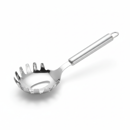 Stainless steel pasta server with curved claw prongs and central drainage hole on pure white background