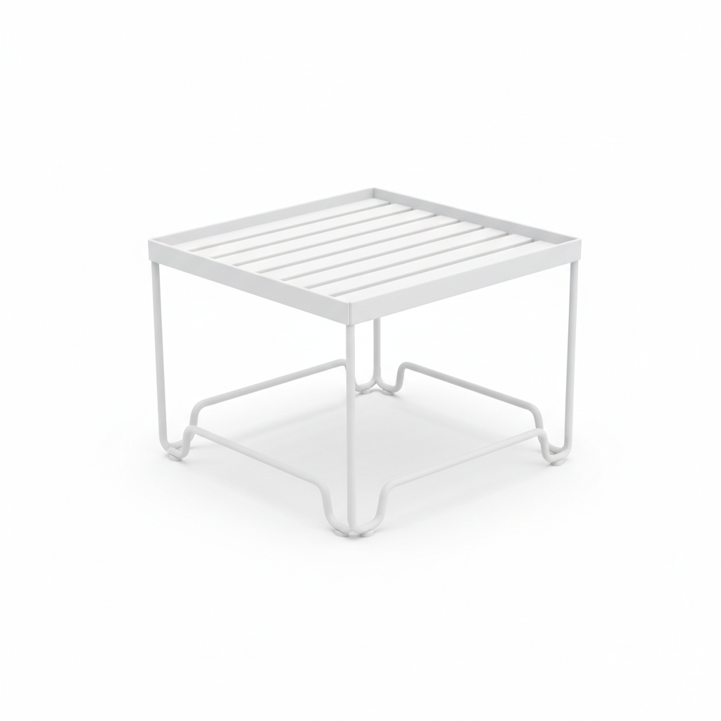 Single stackable kitchen shelf rack with slotted top platform on pure white background