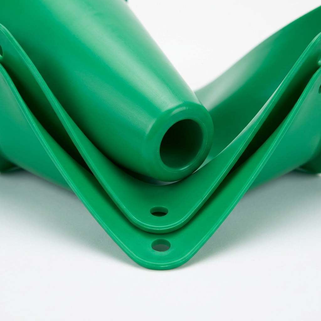 Detail close-up of sports training cone base, flexible PE plastic material, and stackable lip on white background
