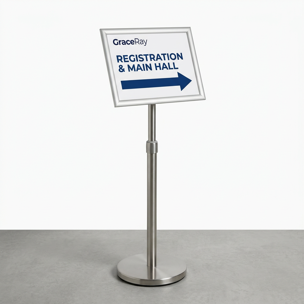 Custom printed event directional sign with an arrow guiding visitors toward a registration area.