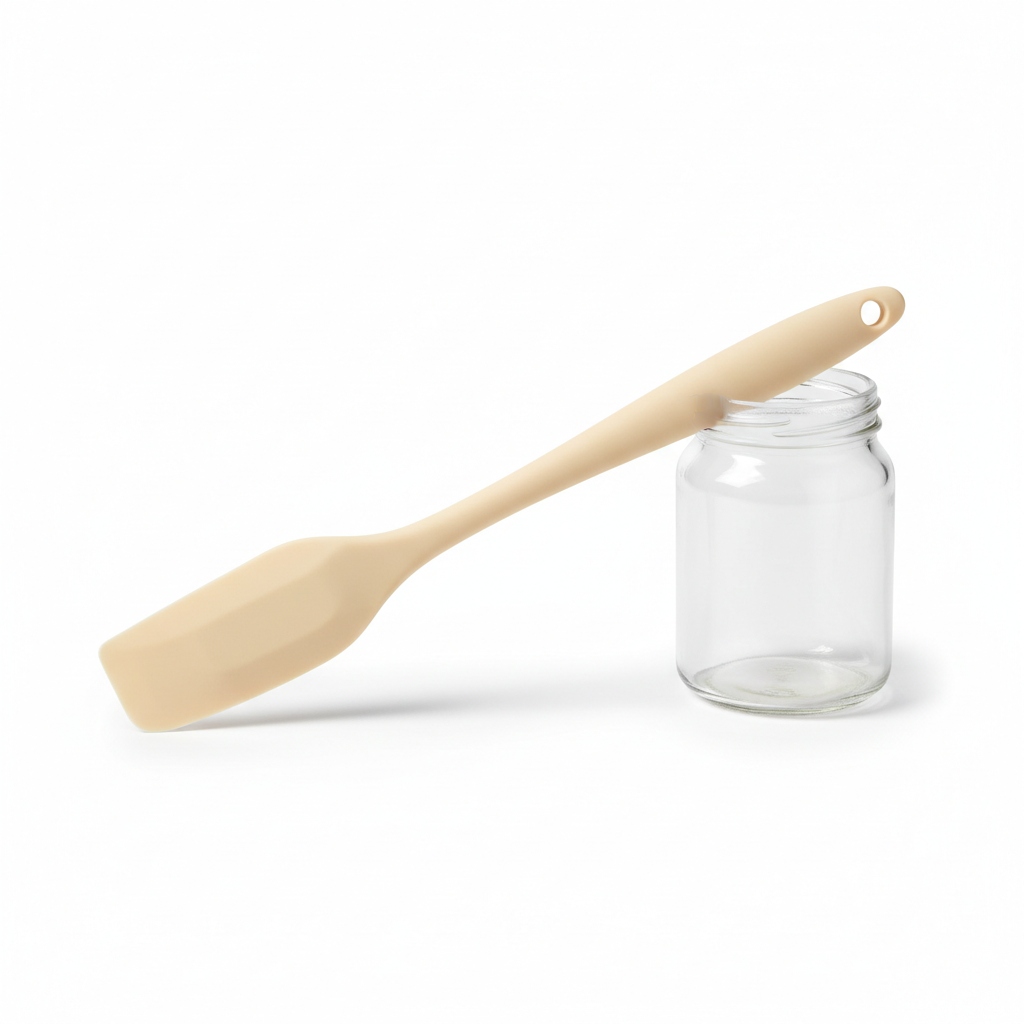 Slim silicone jar spatula shown beside clear glass jar on pure white background