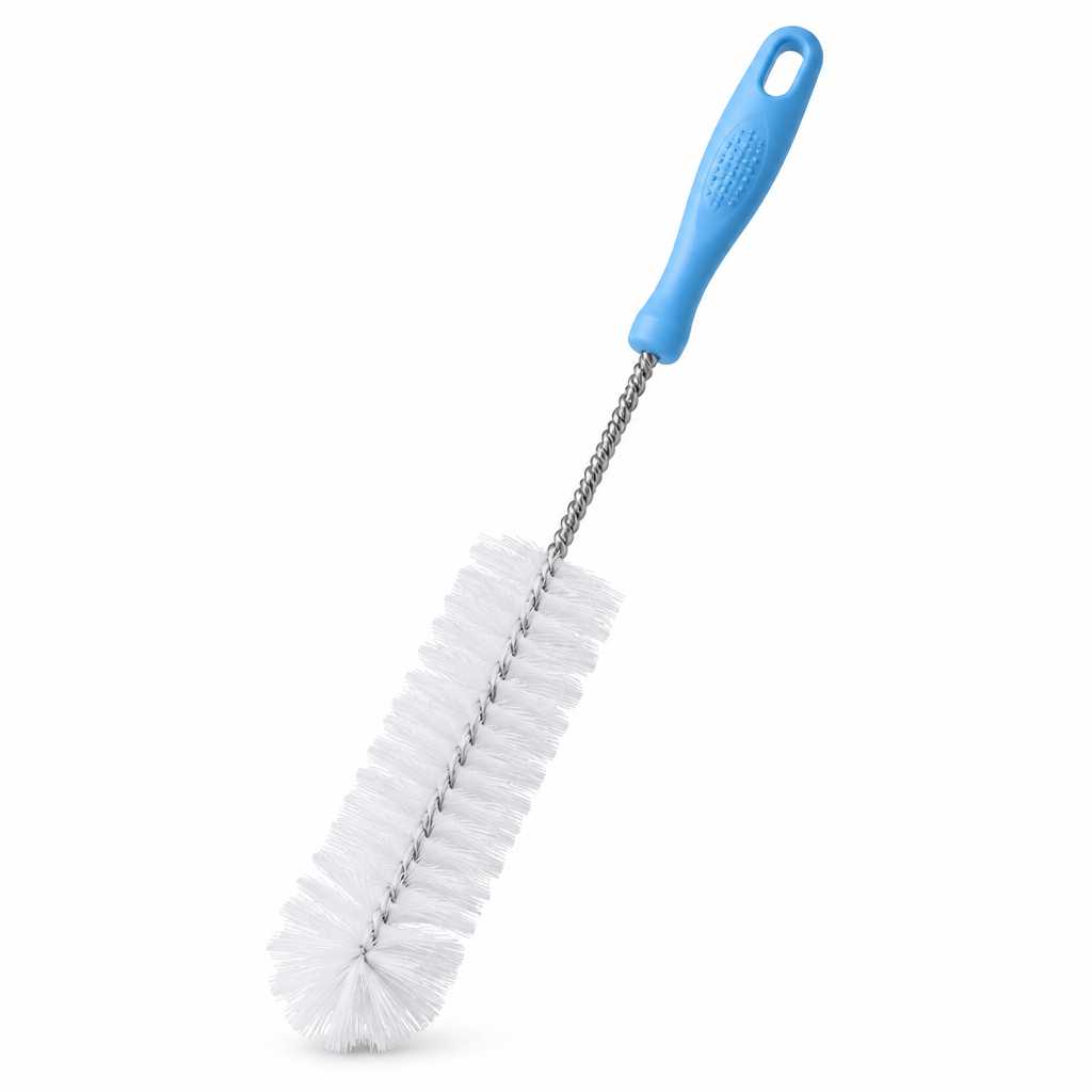 Bottle cleaning brush with cylindrical white nylon bristles, twisted stainless wire stem, and blue handle on white background