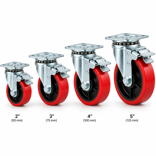 Heavy-duty industrial swivel caster wheels with zinc-plated steel brackets and polyurethane wheels in graduated sizes on a pure white background