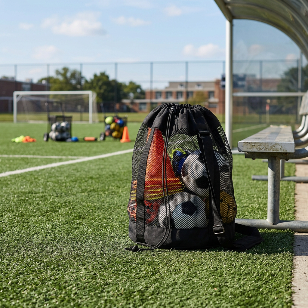 Outdoor sports equipment carry bag loaded with athletic gear on a soccer pitch sideline