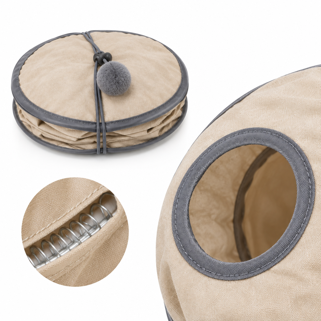 Product demonstration showing cat play tunnel folded flat with toggle loop and detail of center peek hole