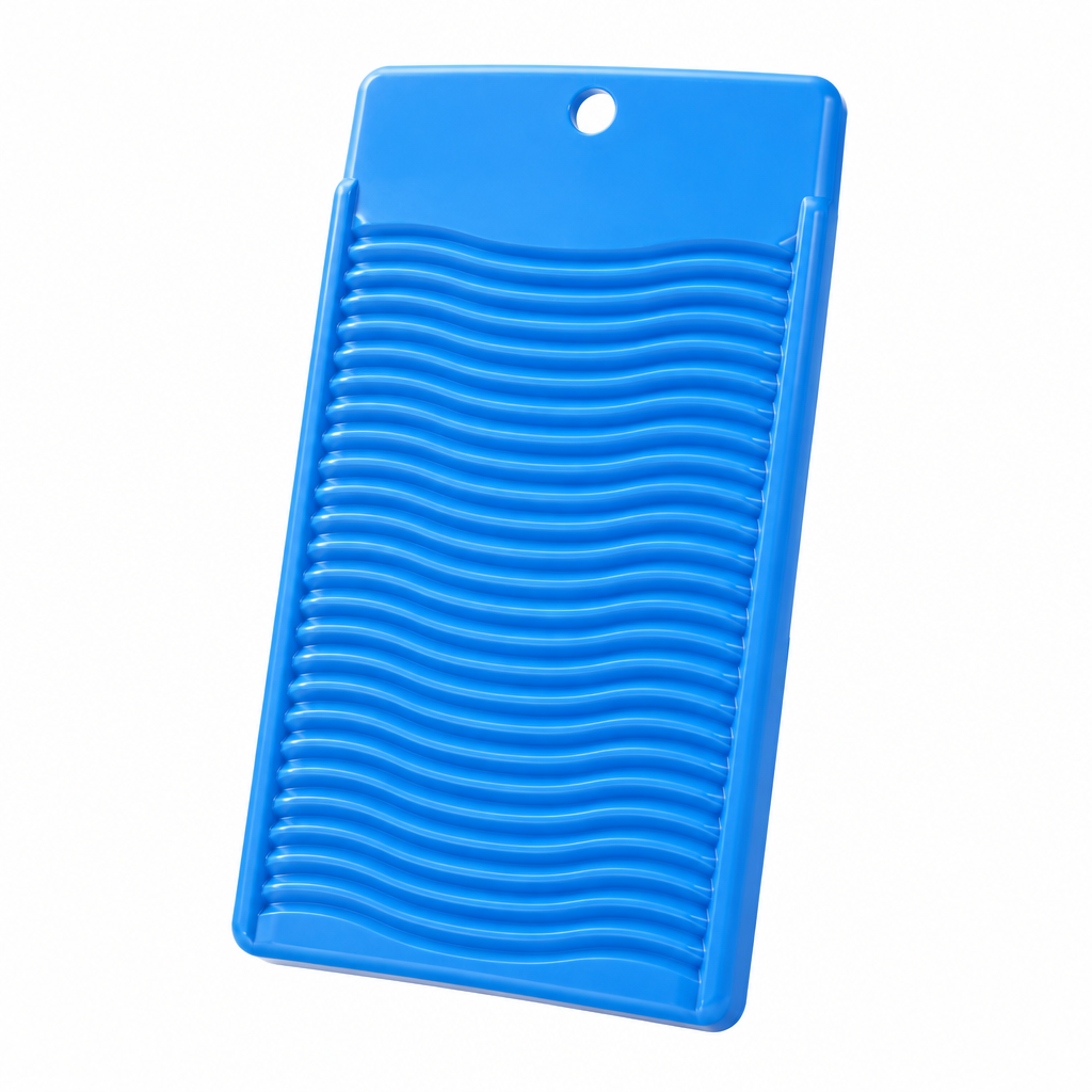 Plastic washing board in blue with wavy ridged scrubbing surface and hanging hole on white background