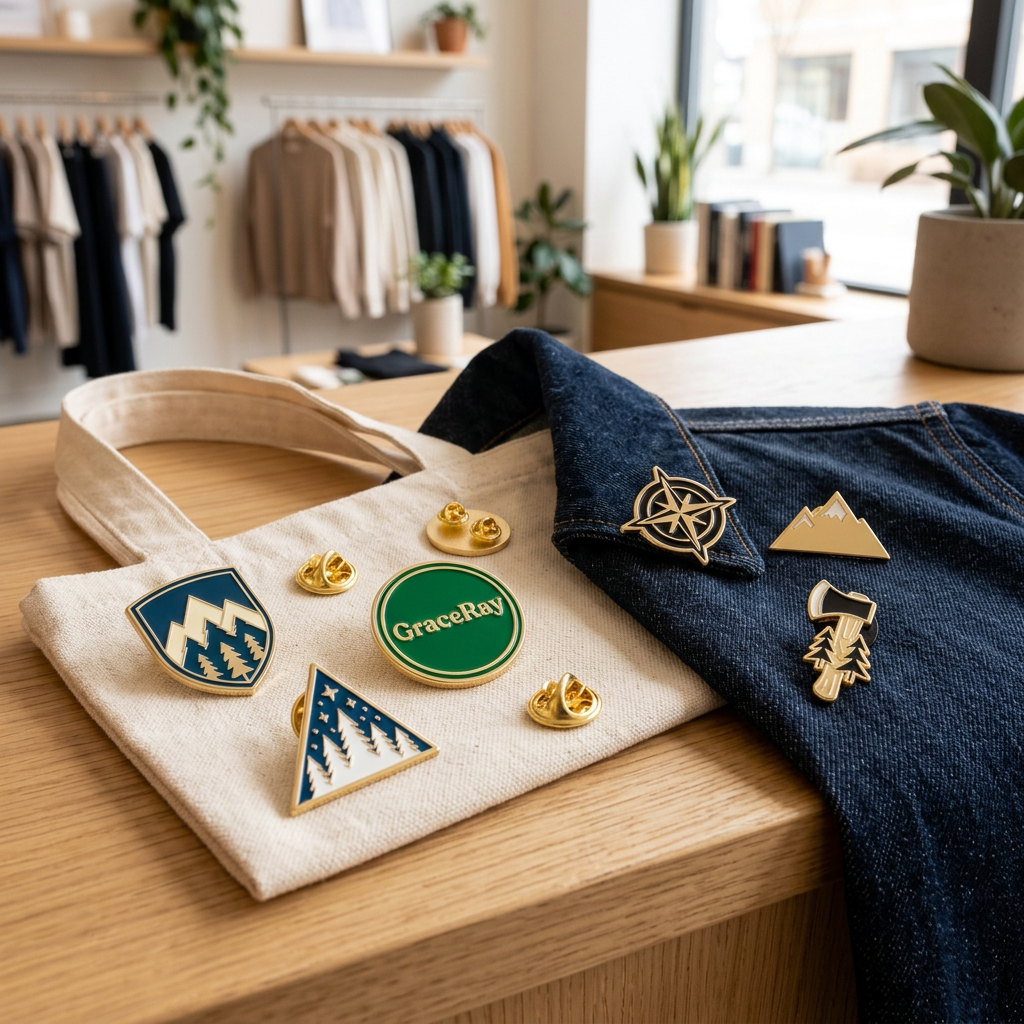 Custom enamel pins pinned onto a canvas tote bag and denim jacket in a lifestyle boutique setting