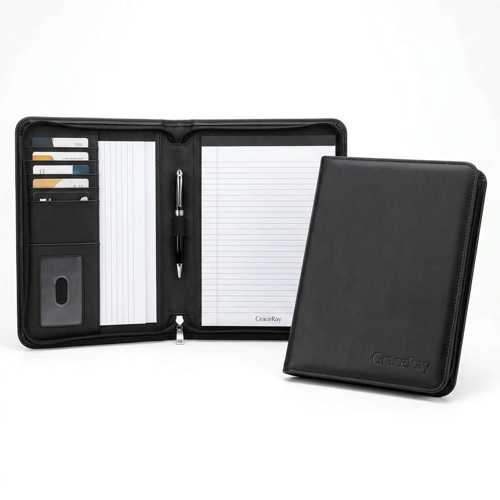 Custom logo leatherette portfolio folder opened to show its document compartments and professional business layout.