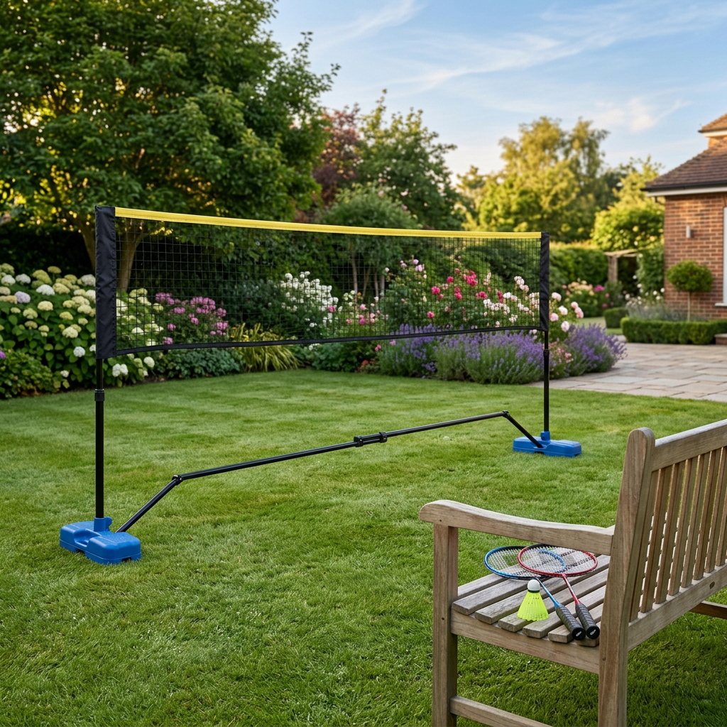 Portable outdoor badminton set with net installed on a garden lawn beside a bench