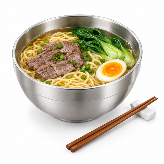 Double-wall stainless steel noodle bowl filled with noodles in savory broth with sliced beef, greens, egg, and chopsticks on a seamless pure white background