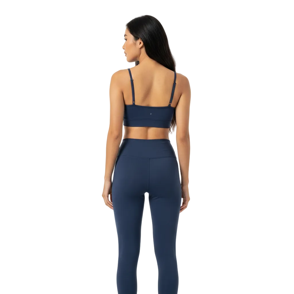 Thai model wearing navy blue lightweight yoga leggings back view