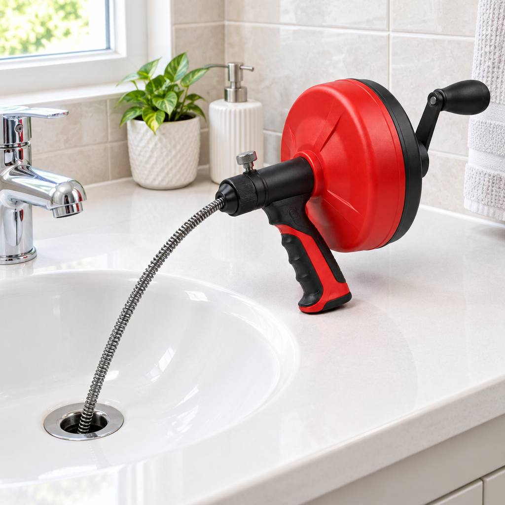 Manual drain snake cable extending into bathroom sink drain on countertop in home maintenance scene