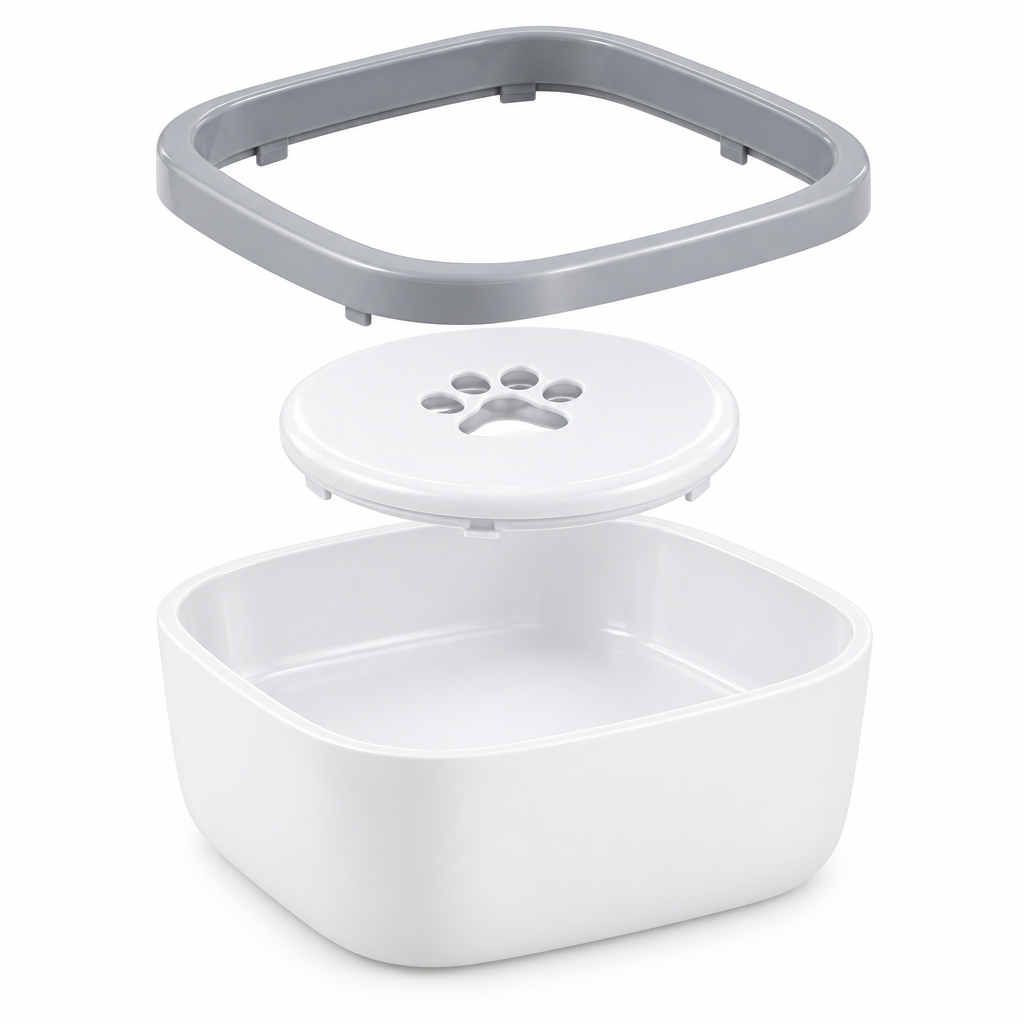 Exploded structural view of anti-spill pet water bowl showing outer bowl, floating disk, and splash border rim