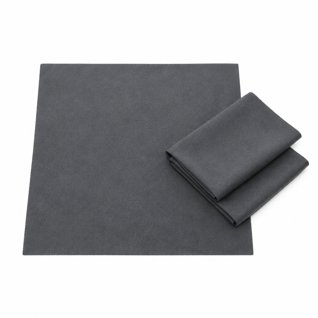 Microfiber glass cleaning cloth, dark gray smooth flat-weave lint-free polishing cloth on white background