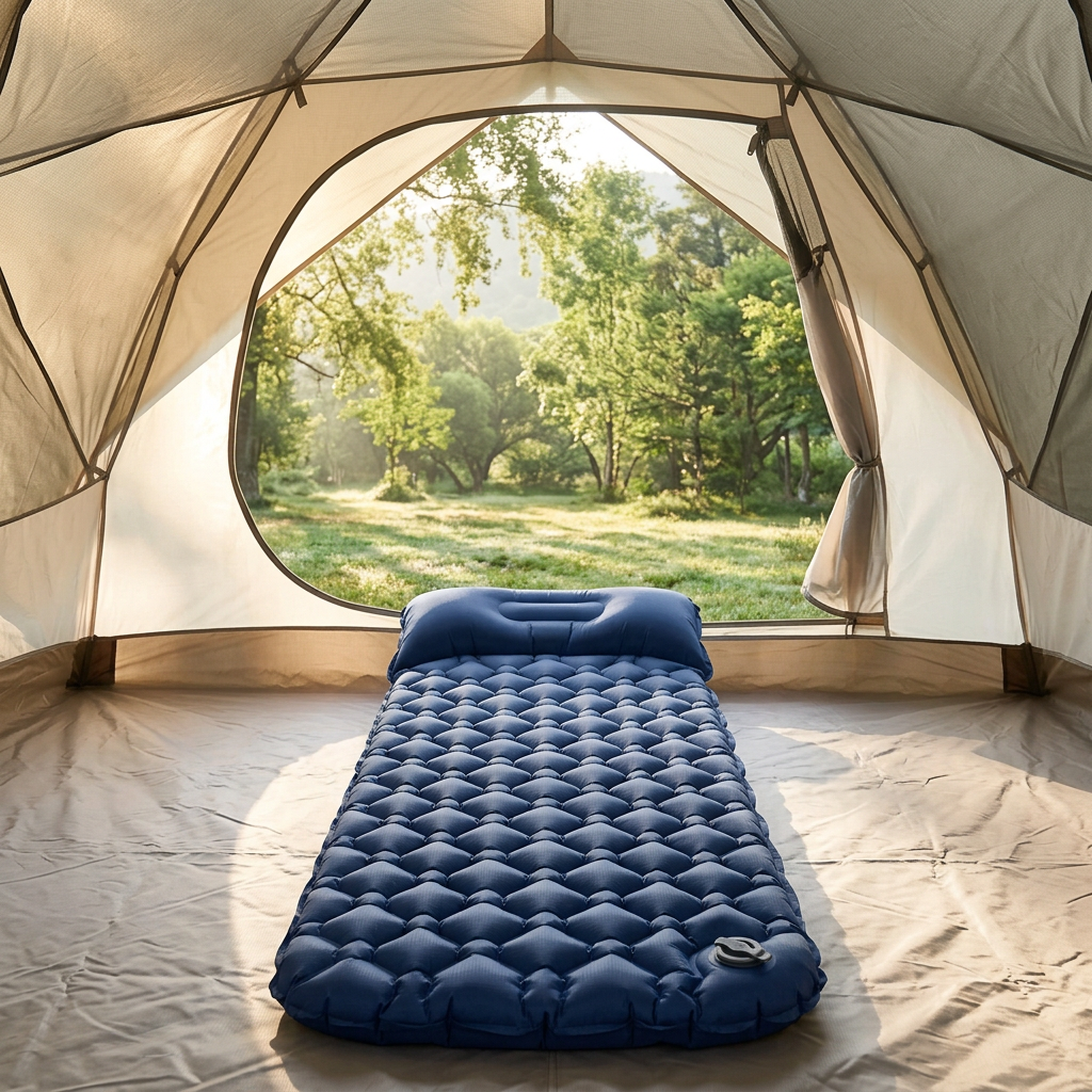 Inflatable camping sleeping pad laid flat inside an open camping tent on a green campsite lawn under morning sunlight