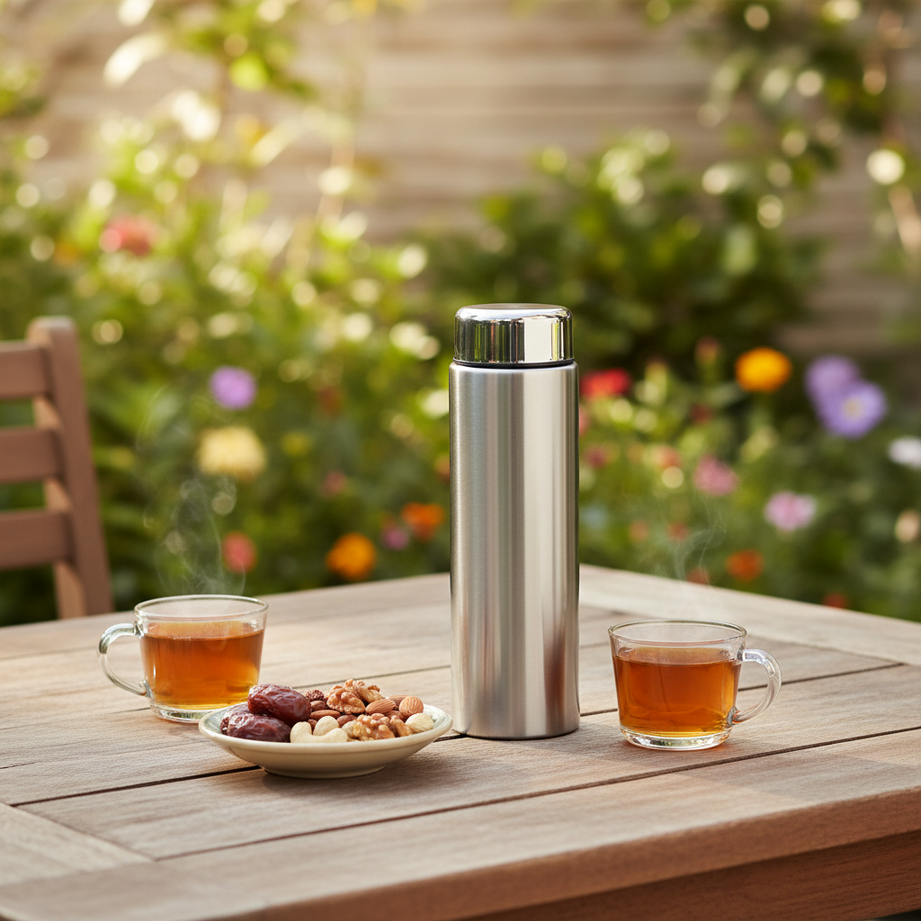 Stainless steel vacuum flask on outdoor patio table with glass tea cups and dates
