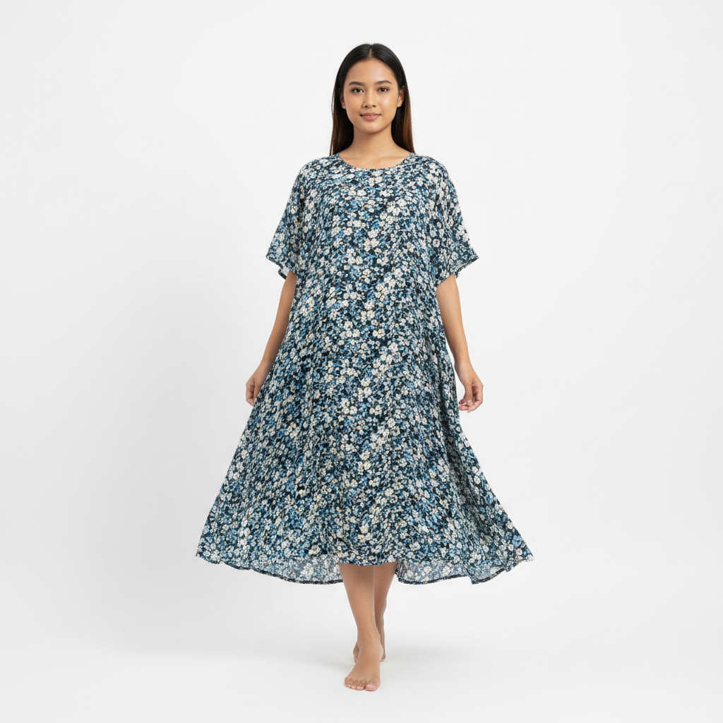 Indonesian female model navy floral short sleeve dress