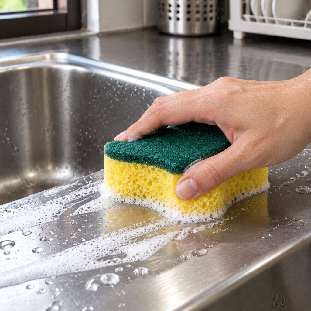 Dual-sided cleaning sponge held by hand wiping a stainless steel sink countertop in a Malaysian kitchen