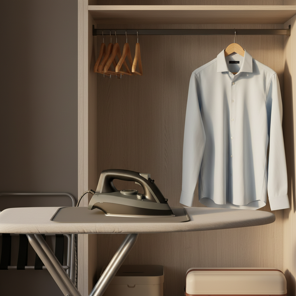 Hotel iron on folding ironing board beside pressed shirt in hotel room