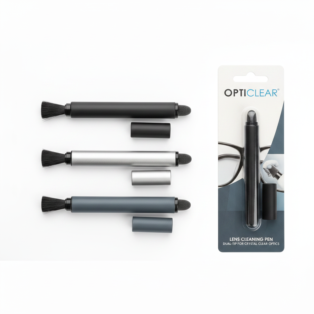 Assorted body colors of lens cleaning pens with retail blister card on white background