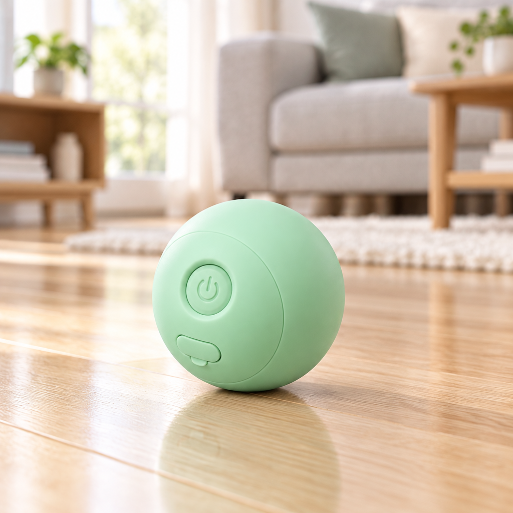 Mint green automatic rolling cat toy ball on hardwood floor in modern living room in morning sunlight