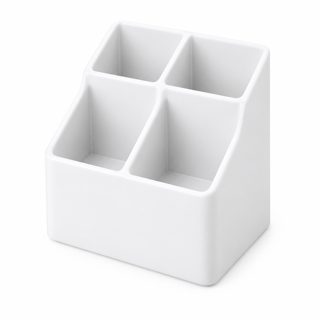 Empty remote control organizer from above showing four stepped compartments