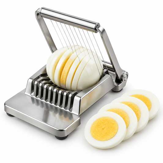 Stainless steel wire egg slicer shown partially cutting through a hard-boiled egg with uniform egg slices beside it on a pure white background