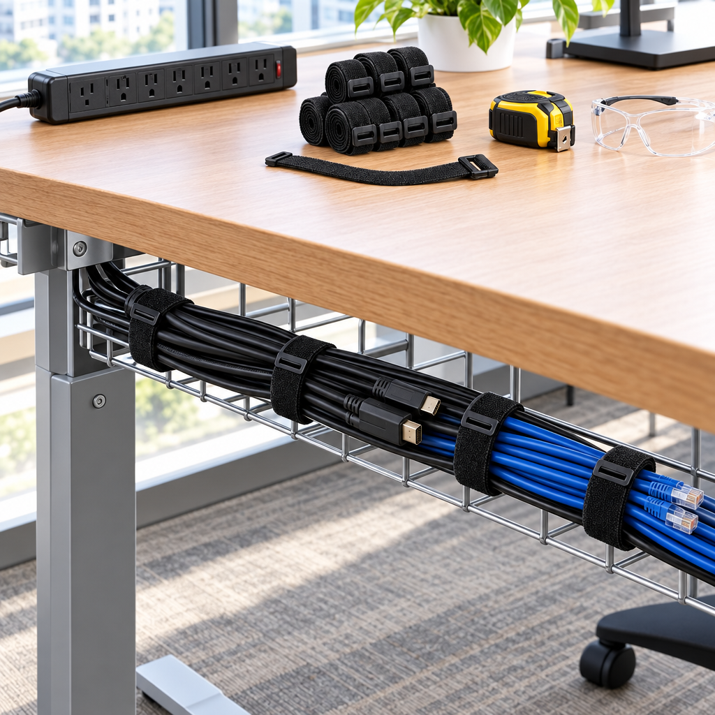 Reusable cable management straps bundling power cords and monitor cables under an office desk with spare rolls nearby