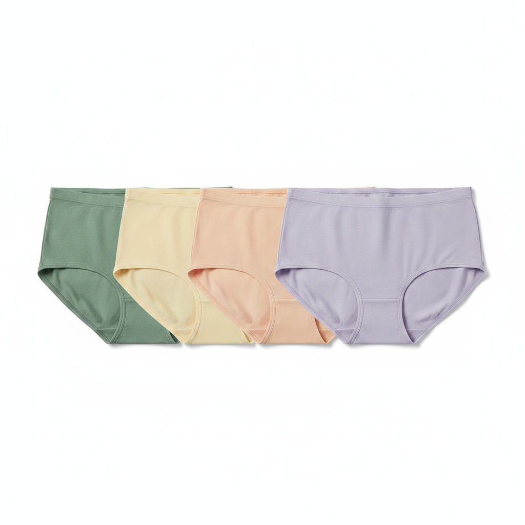 Lifestyle view of high waist cotton briefs folded on a wooden stool with a laundry basket