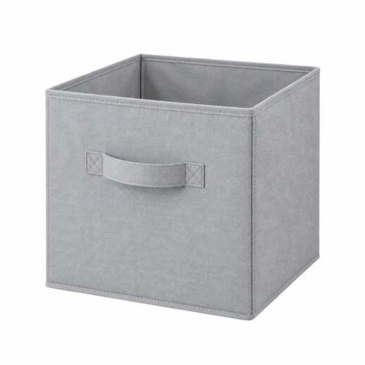 Foldable storage box, light gray fabric storage cube with front pull handle on white background